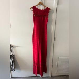Herve Leger Scallopini Long Red Gown, Small